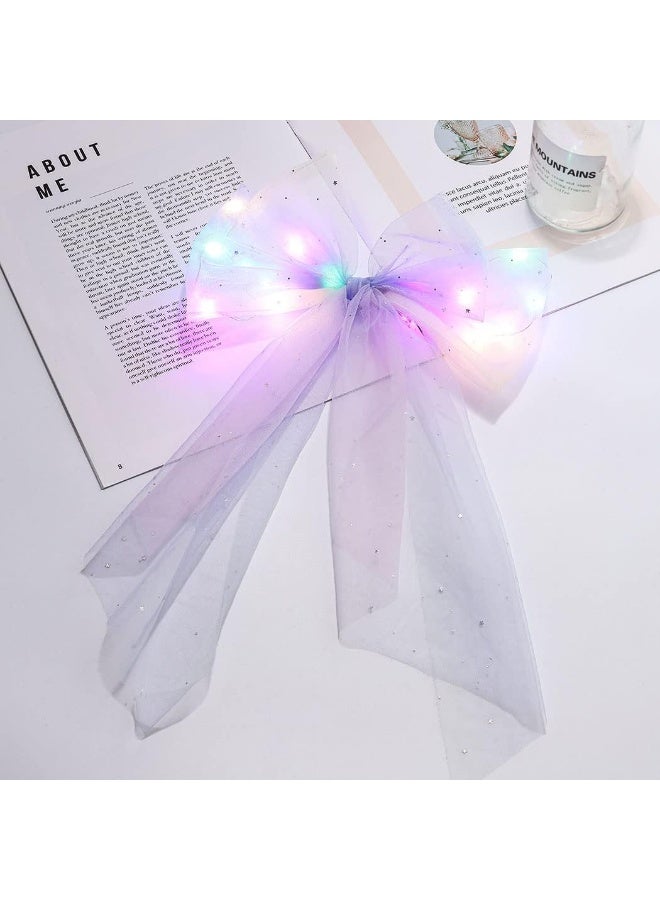 JEAIRTS Led Bow Clip Glowing Rainbow Veil Wedding Hair Piece Barrette Colorful Tulle Bow With Clips Bachelorette Party Hair Accessories For Women And Girls - Image 3